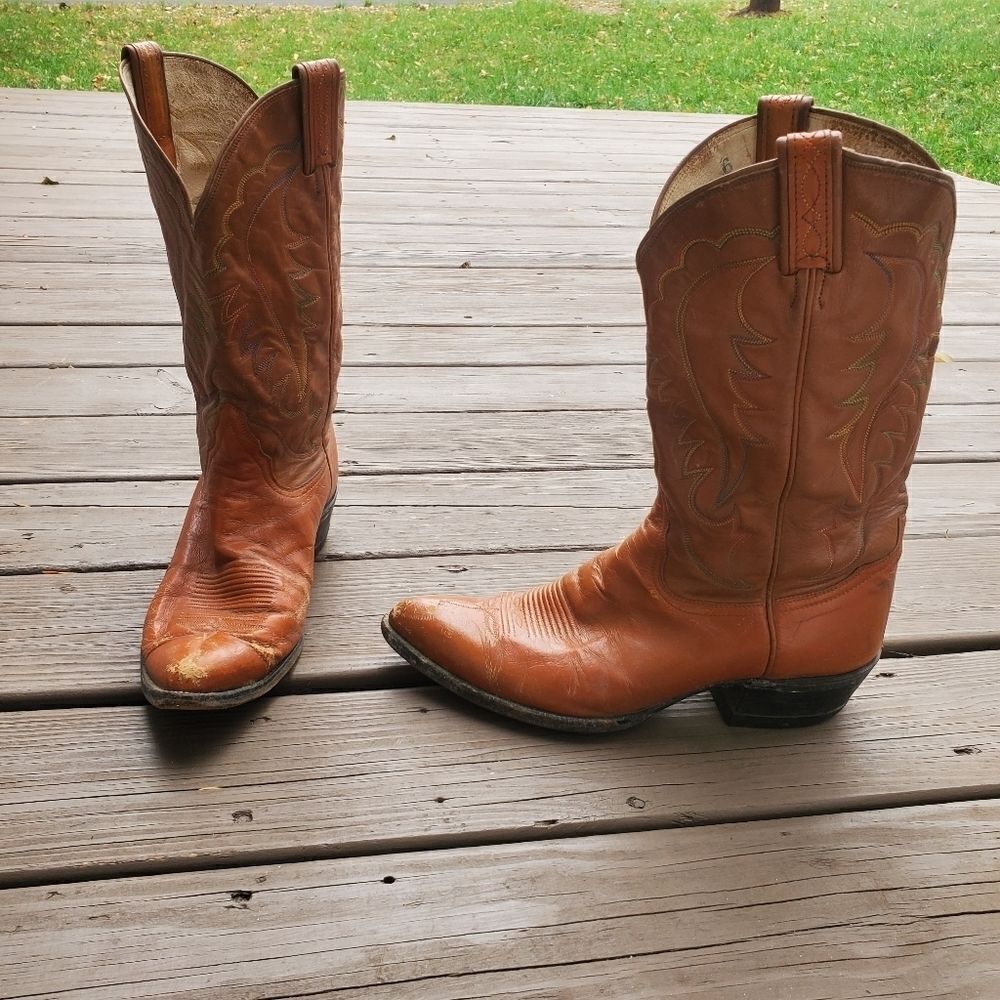 Vintage 70s Tony Lama Black‎ Label Tan Leather Rainbow Stitching Cowboy Boots 11